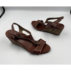 ANYI LU Lolita Cork Wedge T-Strap Leather Sandal Terracota Brown EU 38 US 8